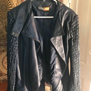 Navy Blue Leather Moto Jacket with Quilted Sleeves